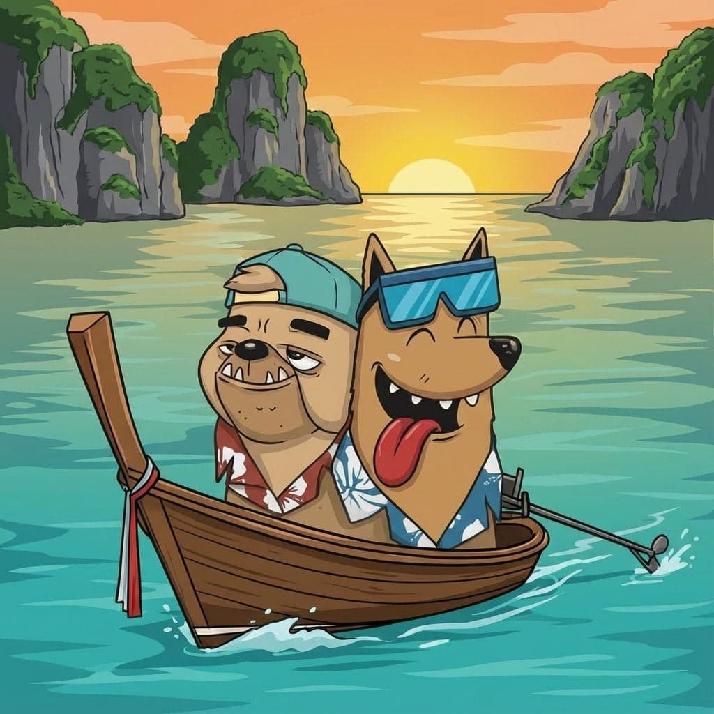 The High Dogs mascots on a longtail at sunset