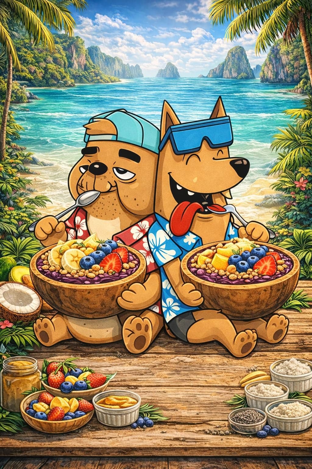 The High Dogs mascots with fruit bowls on the beach